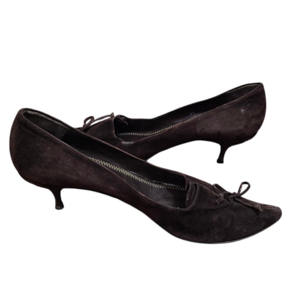 Fendi Brown Suede Pointed Toe Kitten Heel Pumps Bow Detail EU 40 US 9 Italy - Picture 5 of 11